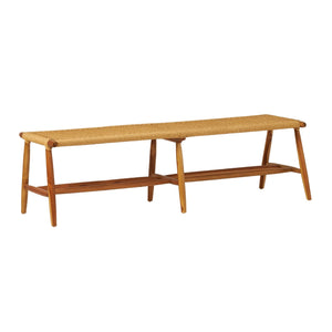The Corenne Bench by Made Goods features a handcrafted teak frame, loomed fiber seat, four legs, supportive lower bar, and minimalist Scandinavian design.