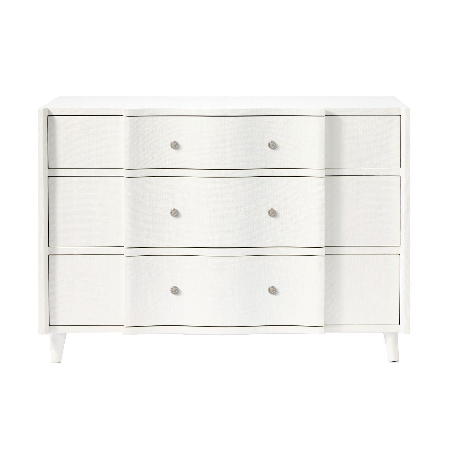 The Essery Dresser Collection by Made Goods features a white three-drawer dresser with a curved front middle section, six round knobs, soft-close glides, and four short legs.