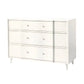 The Essery Dresser Collection by Made Goods features a white three-drawer dresser with round silver knobs, gently curved fronts, four short legs, and soft-close glides for a modern touch.
