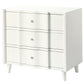 A white, three-drawer nightstand from the Made Goods Essery Nightstand Collection featuring curved fronts, simple round knobs, and tapered legs—an elegant transitional addition to any room.