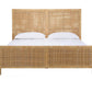 The Isla Bed Collection by Made Goods features a wooden frame with handwoven crisscross rattan panels, two white pillows, and a white mattress, displayed from the front against a white background.
