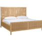 A Made Goods Isla Bed Collection bed features a high rectangular handwoven rattan frame, white bedding, and two pillows.