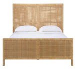 The Isla Bed Collection by Made Goods features a wooden frame with crisscross handwoven rattan headboard and footboard, finished with two white pillows and crisp white bedding.