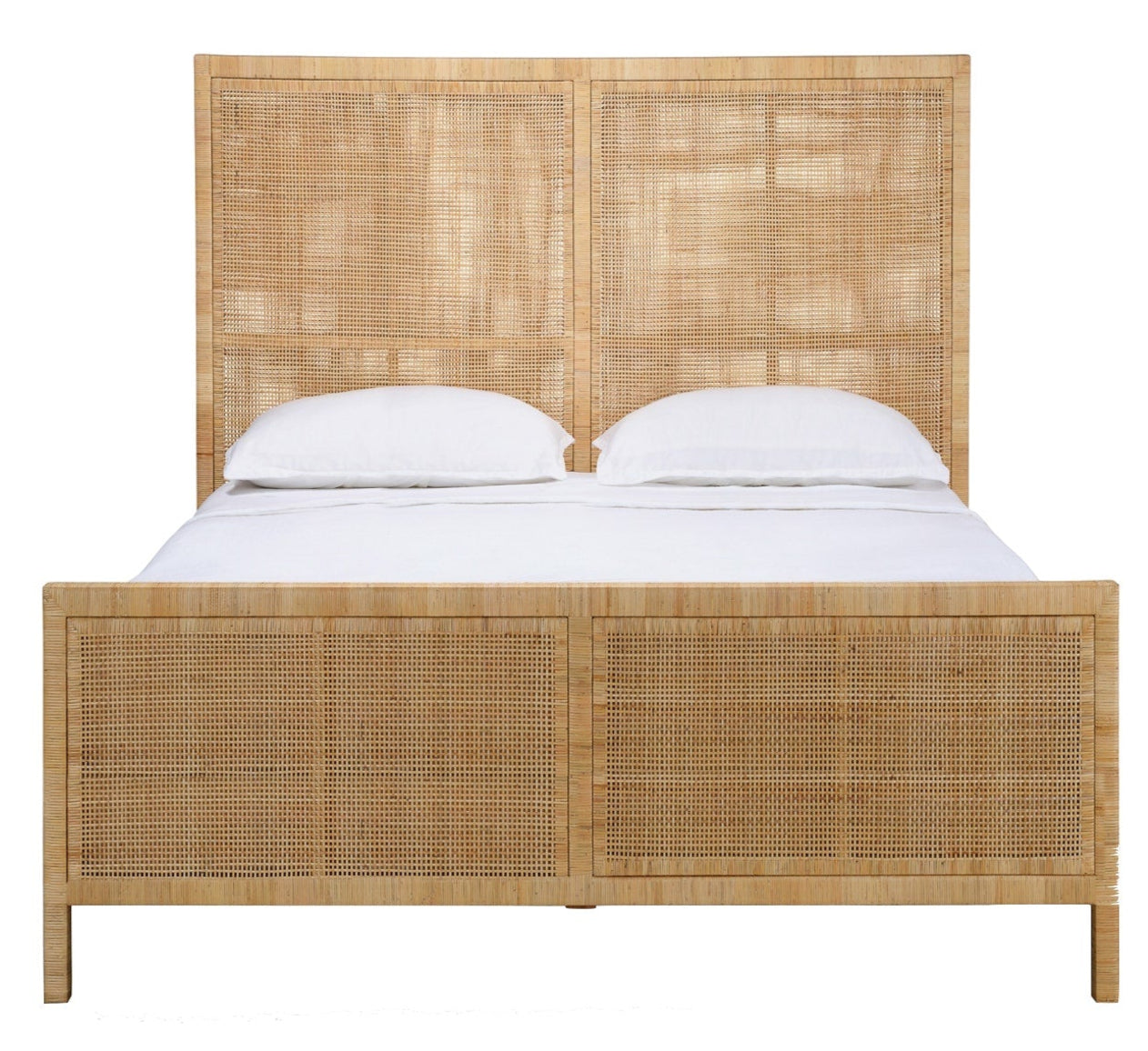 The Isla Bed Collection by Made Goods features a wooden frame with crisscross handwoven rattan headboard and footboard, finished with two white pillows and crisp white bedding.