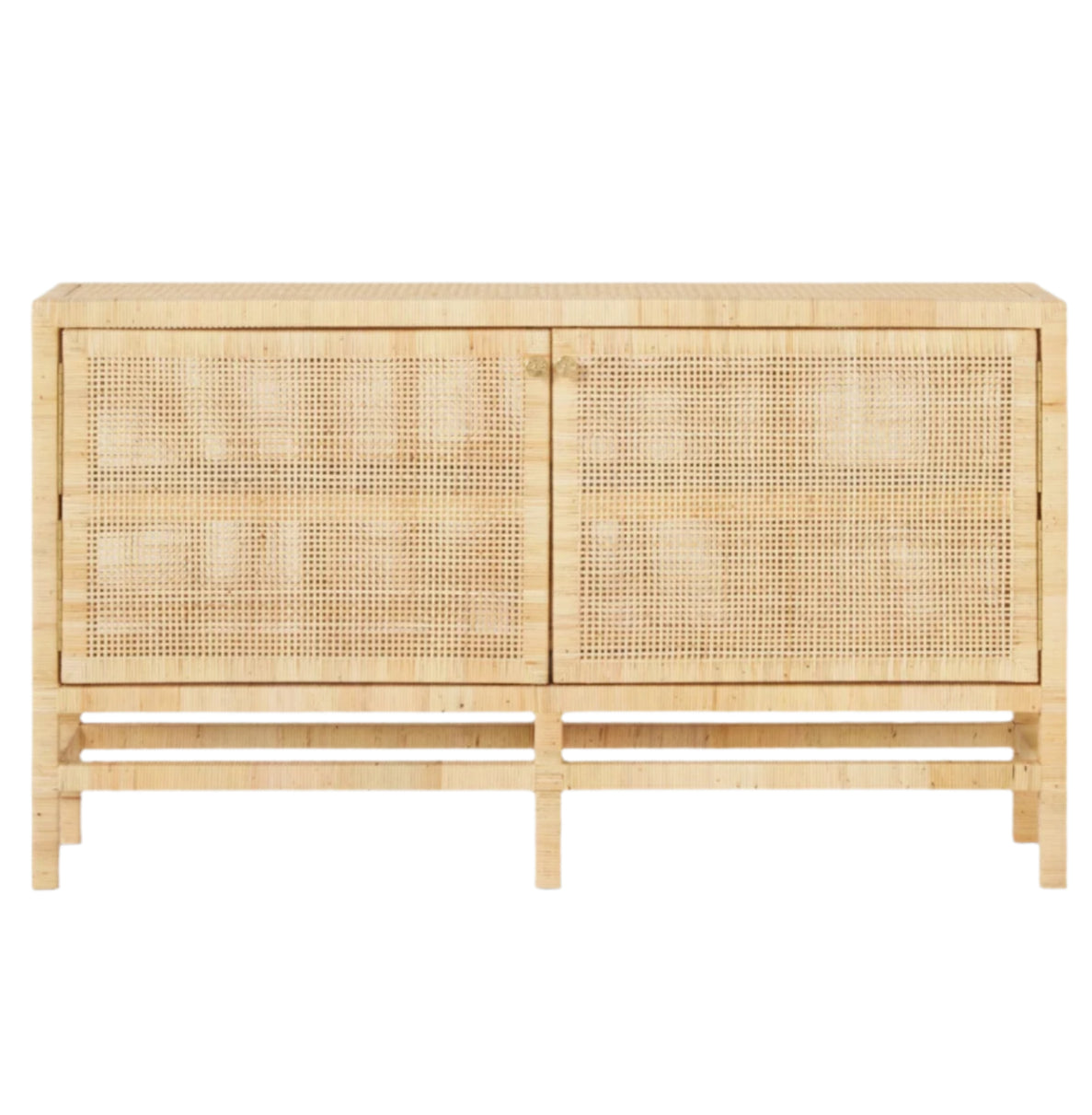 The Isla Narrow Buffet by Made Goods features a rectangular design with two woven rattan-cane doors, four legs, and a natural light wood finish.