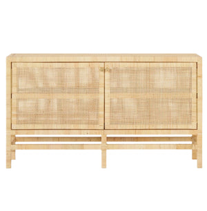 The Isla Narrow Buffet by Made Goods features a rectangular design with two woven rattan-cane doors, four legs, and a natural light wood finish.