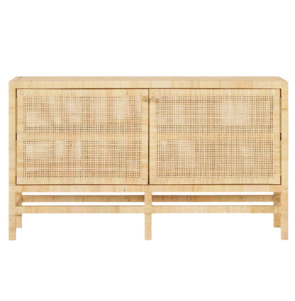 The Isla Narrow Buffet by Made Goods features a rectangular design with two woven rattan-cane doors, four legs, and a natural light wood finish.