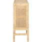 Side view of the Isla Narrow Buffet by Made Goods, featuring light wood, rattan-cane doors, and four straight legs, set against a white background.