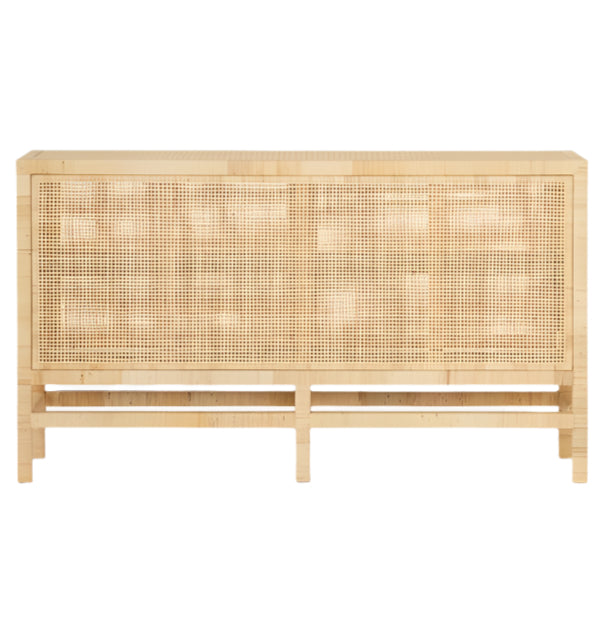 The Made Goods Isla Narrow Buffet, a rectangular wooden sideboard with rattan-cane doors and four legs, is shown against a white background.