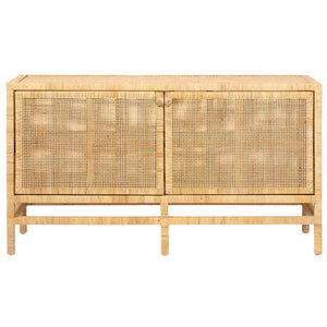 The Isla Buffet by Made Goods is a rectangular sideboard crafted from light-toned wood with woven rattan doors—an essential minimalist piece for stylish dining room storage.