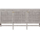 The Isla 3 Door Buffet by Made Goods is a rectangular, light gray sideboard with three front doors showcasing a woven rattan pattern and gold knobs—perfect for elevating your dining room essentials.