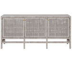 The Isla 3 Door Buffet by Made Goods is a rectangular, light gray sideboard with three front doors showcasing a woven rattan pattern and gold knobs—perfect for elevating your dining room essentials.