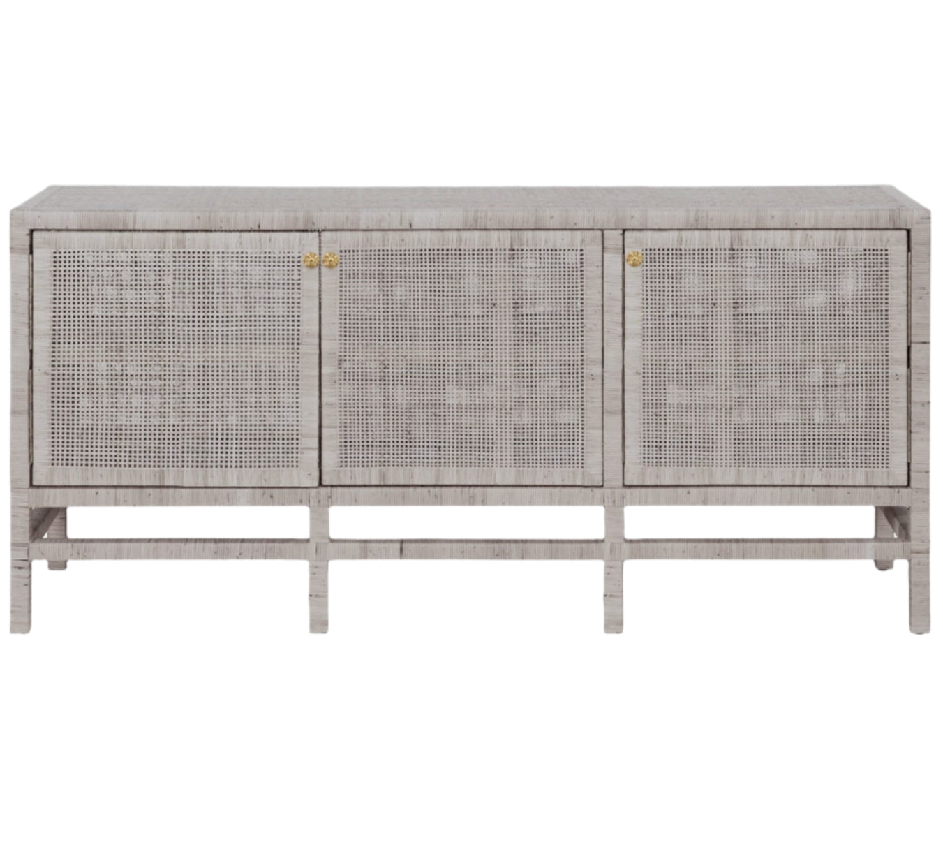 The Isla 3 Door Buffet by Made Goods is a rectangular, light gray sideboard with three front doors showcasing a woven rattan pattern and gold knobs—perfect for elevating your dining room essentials.