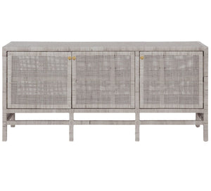 The Isla 3 Door Buffet by Made Goods is a rectangular, light gray sideboard with three front doors showcasing a woven rattan pattern and gold knobs—perfect for elevating your dining room essentials.