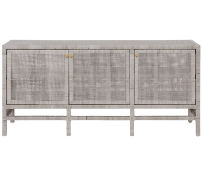 The Isla 3 Door Buffet by Made Goods is a rectangular, light gray sideboard with three front doors showcasing a woven rattan pattern and gold knobs—perfect for elevating your dining room essentials.