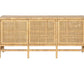 The Isla 3 Door Buffet by Made Goods features a light wood frame, three rattan-cane doors, and an open base—an elegant dining room essential—shown against a plain white background.