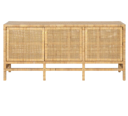 The Isla 3 Door Buffet by Made Goods features a light wood frame, three rattan-cane doors, and an open base—an elegant dining room essential—shown against a plain white background.