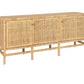The Isla 3 Door Buffet by Made Goods features a rectangular wooden frame, three woven cane doors, and six legs—a natural-finish sideboard that adds elegance to your dining room.