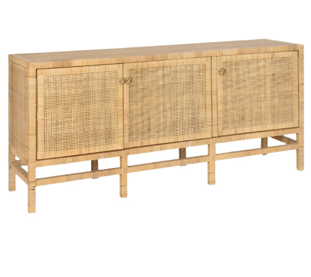 The Isla 3 Door Buffet by Made Goods features a rectangular wooden frame, three woven cane doors, and six legs—a natural-finish sideboard that adds elegance to your dining room.