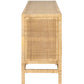 The Isla 3 Door Buffet by Made Goods showcases a rectangular wooden frame, straight legs, and chic rattan-cane doors—an elegant choice for modern dining rooms.
