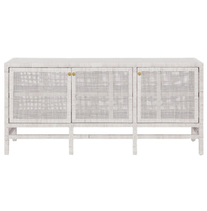The Isla 3 Door Buffet by Made Goods is a white wooden sideboard with rattan-cane doors, minimal gold knobs, and short legs—ideal for storing your dining room essentials.