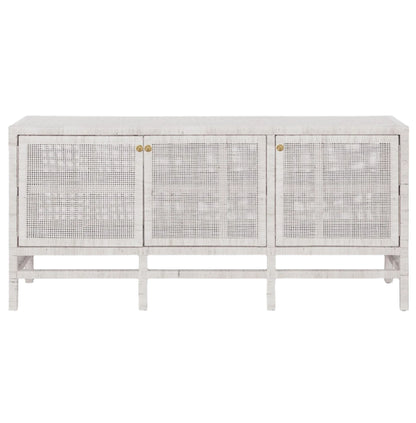 The Isla 3 Door Buffet by Made Goods is a white wooden sideboard with rattan-cane doors, minimal gold knobs, and short legs—ideal for storing your dining room essentials.