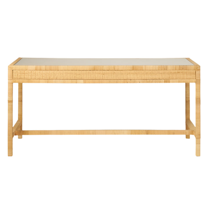 The Isla Desk by Made Goods features a rectangular wooden design with a glass top and basket weave rattan detailing, shown against a white background.