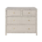 The Isla Dresser Collection by Made Goods features a four-drawer dresser with a light gray basket weave textured finish and small round gold knobs, displayed against a white background.