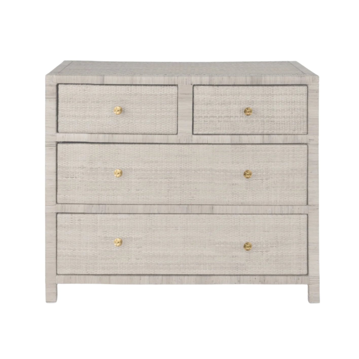 The Isla Dresser Collection by Made Goods features a four-drawer dresser with a light gray basket weave textured finish and small round gold knobs, displayed against a white background.