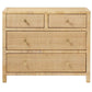 The Isla Dresser Collection by Made Goods features a natural woven rattan dresser with four soft-close drawers and flower-patterned brass knobs, shown against a white background.