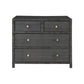 The Isla Dresser Collection by Made Goods is a black wooden dresser with four drawers—two small above two large—showcasing basket weave detailing and round gold knobs for an elegant, functional design.