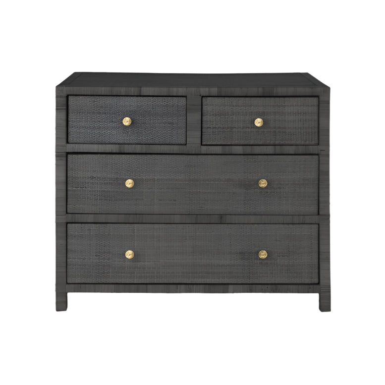 The Isla Dresser Collection by Made Goods is a black wooden dresser with four drawers—two small above two large—showcasing basket weave detailing and round gold knobs for an elegant, functional design.