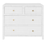 The Isla Dresser Collection by Made Goods features a white four-drawer dresser with soft-close drawers and small round gold knobs, shown against a plain white background.