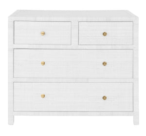 The Isla Dresser Collection by Made Goods features a white four-drawer dresser with soft-close drawers and small round gold knobs, shown against a plain white background.