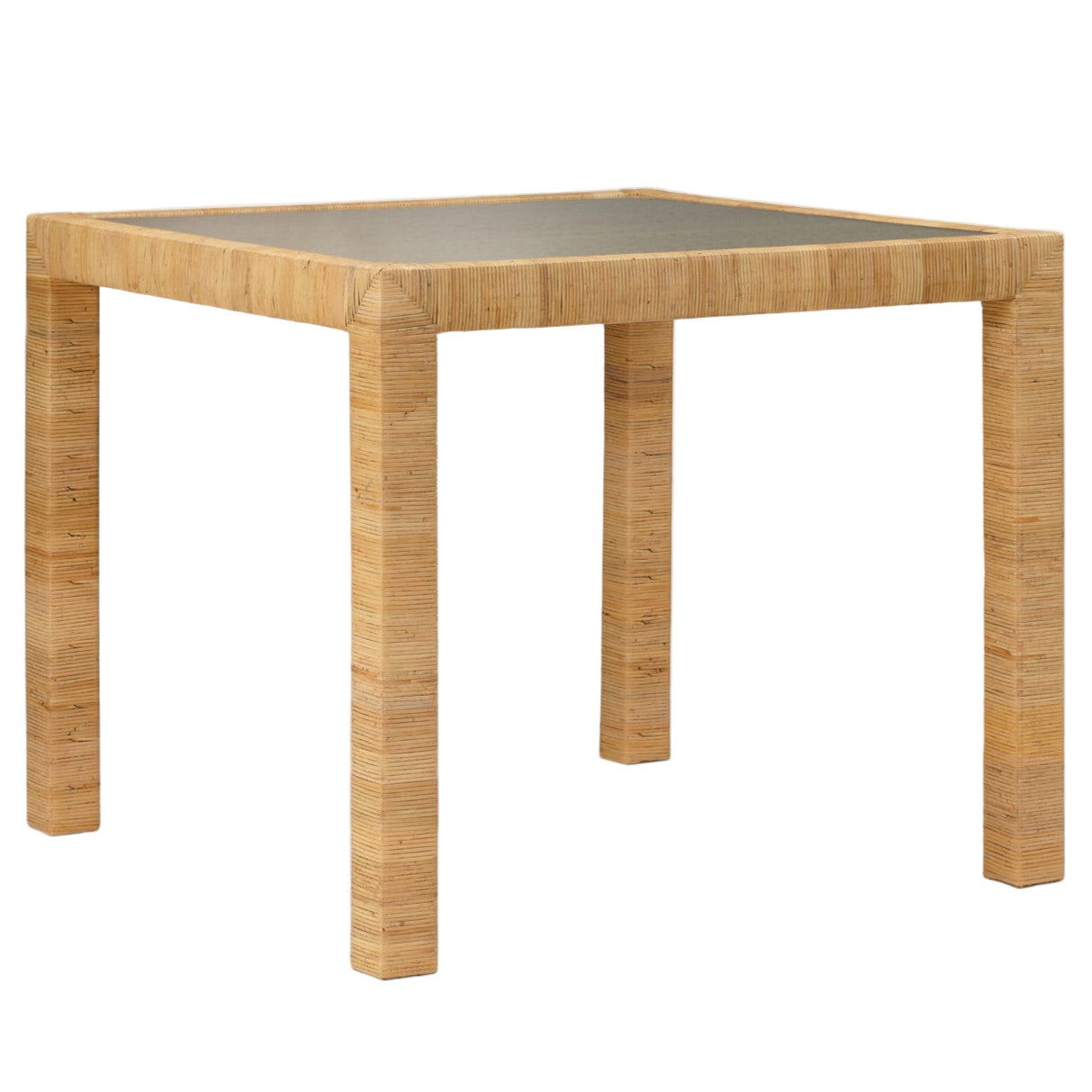 The Isla Game Table by Made Goods is a square wooden rattan table with a simple design, four straight legs, and a flat dark tabletop.
