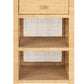 The Isla Nightstand Collection by Made Goods features a sturdy rectangular rattan frame, one soft-close top drawer, two open shelves below, and a woven design on all sides.