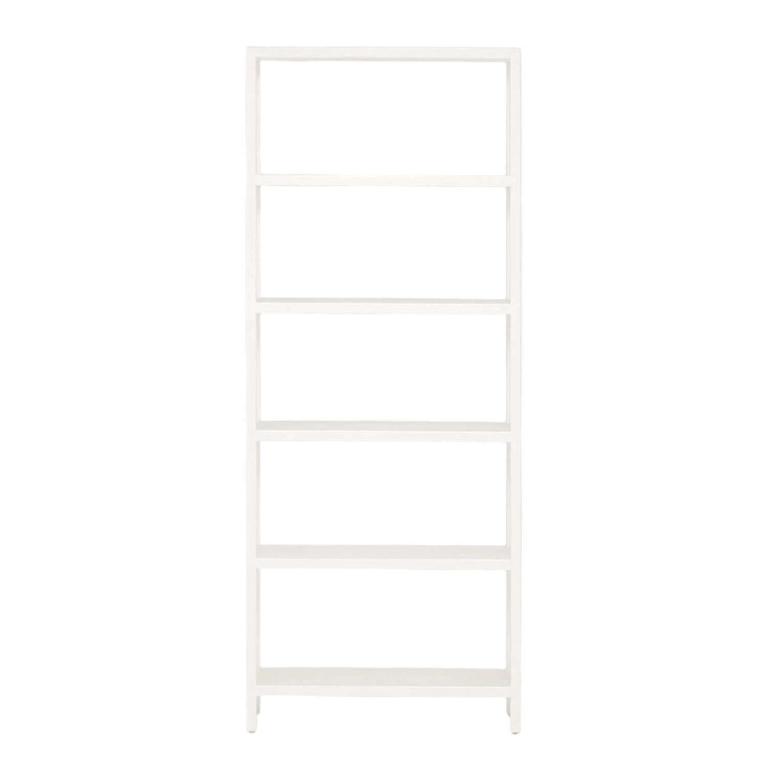 The Made Goods Jake Bookcase Narrow is a tall, white, five-tiered bookcase with an open back and minimalist design—ideal for small spaces. Shown photographed against a plain white background.