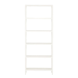The Made Goods Jake Bookcase Narrow is a tall, white, five-tiered bookcase with an open back and minimalist design—ideal for small spaces. Shown photographed against a plain white background.