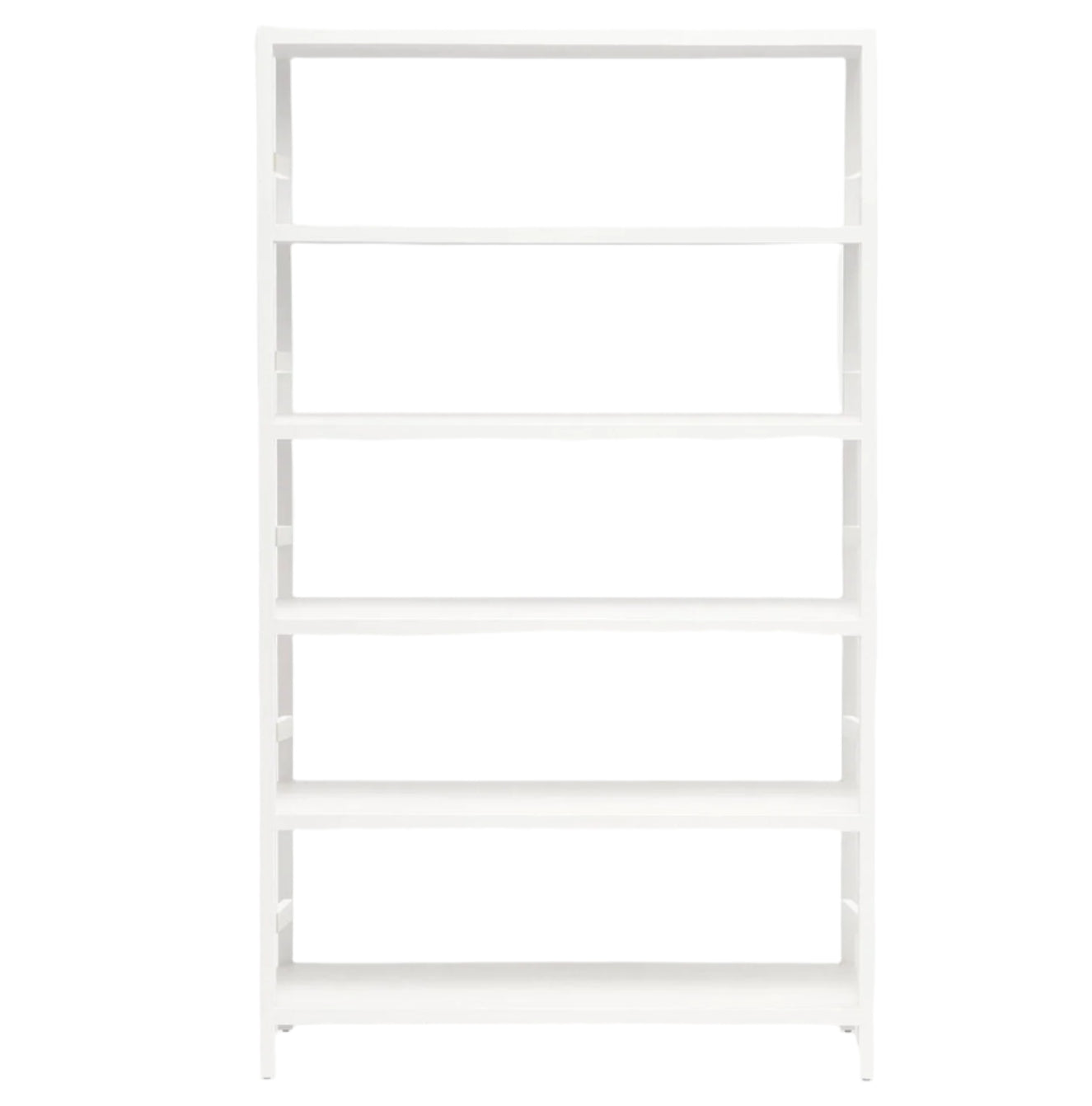 The Jake Bookcase by Made Goods, finished in Designer White Faux Belgian Linen, features five empty shelves and stands upright against a white background.
