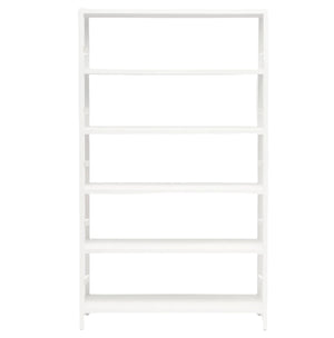 The Jake Bookcase by Made Goods, finished in Designer White Faux Belgian Linen, features five empty shelves and stands upright against a white background.