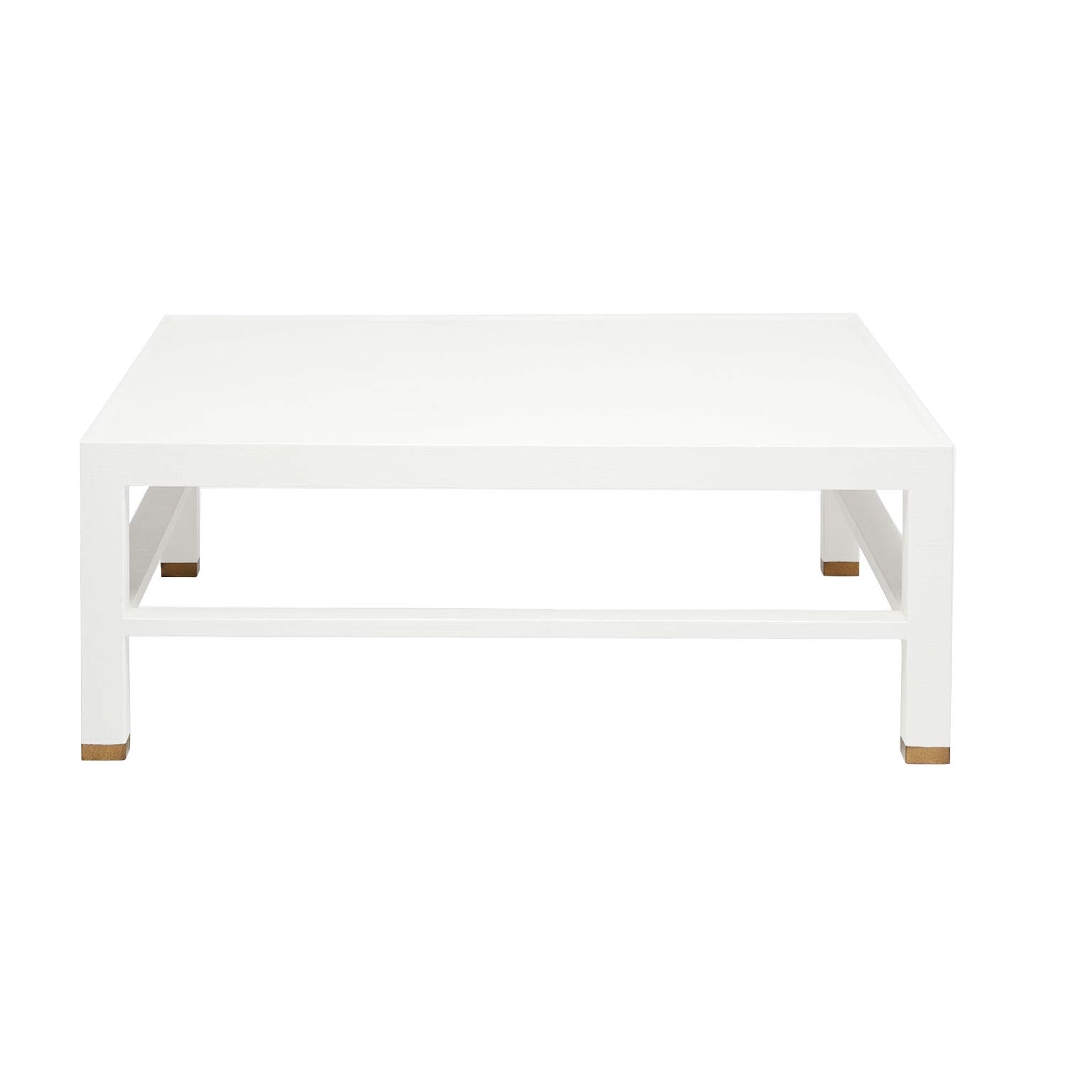 The Made Goods Jarin Coffee Table in Designer White features a rectangular shape, simple straight legs, and a lower support bar, crafted in faux Belgian linen and shown against a plain white background.