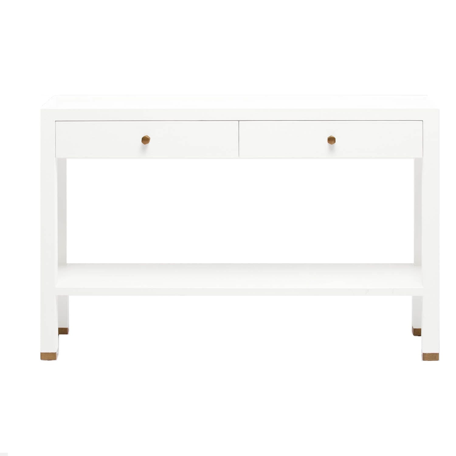 The Jarin Console Collection by Made Goods features a white rectangular table with a simple shape, two drawers with round knobs, a lower shelf, and a textured finish.