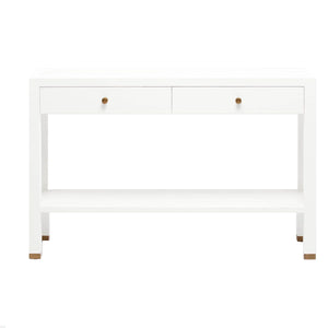 The Jarin Console Collection by Made Goods features a white rectangular table with a simple shape, two drawers with round knobs, a lower shelf, and a textured finish.