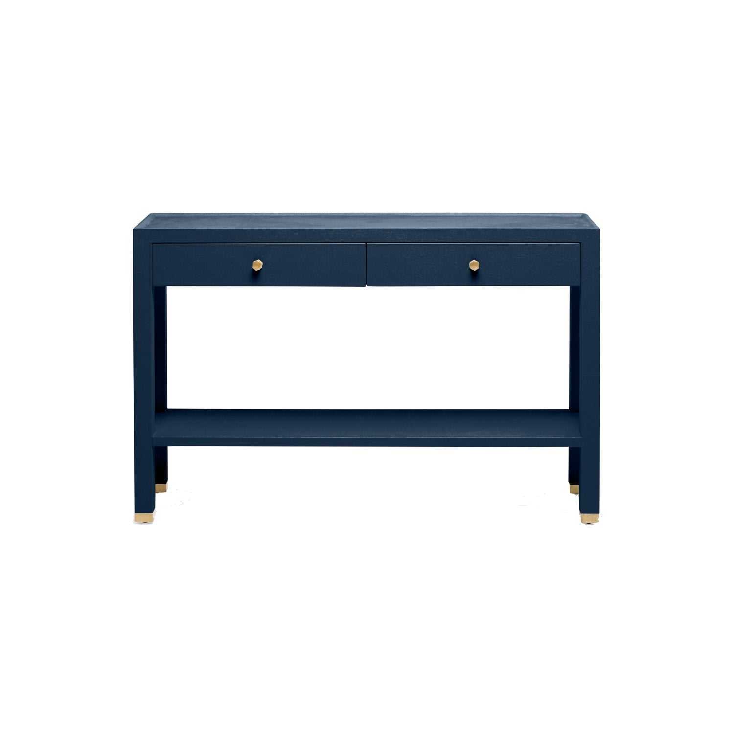The Jarin Console Collection by Made Goods showcases a navy blue finish in faux Belgian linen, with two drawers, gold knob handles, a lower shelf, and gold-capped feet, photographed against a white background.