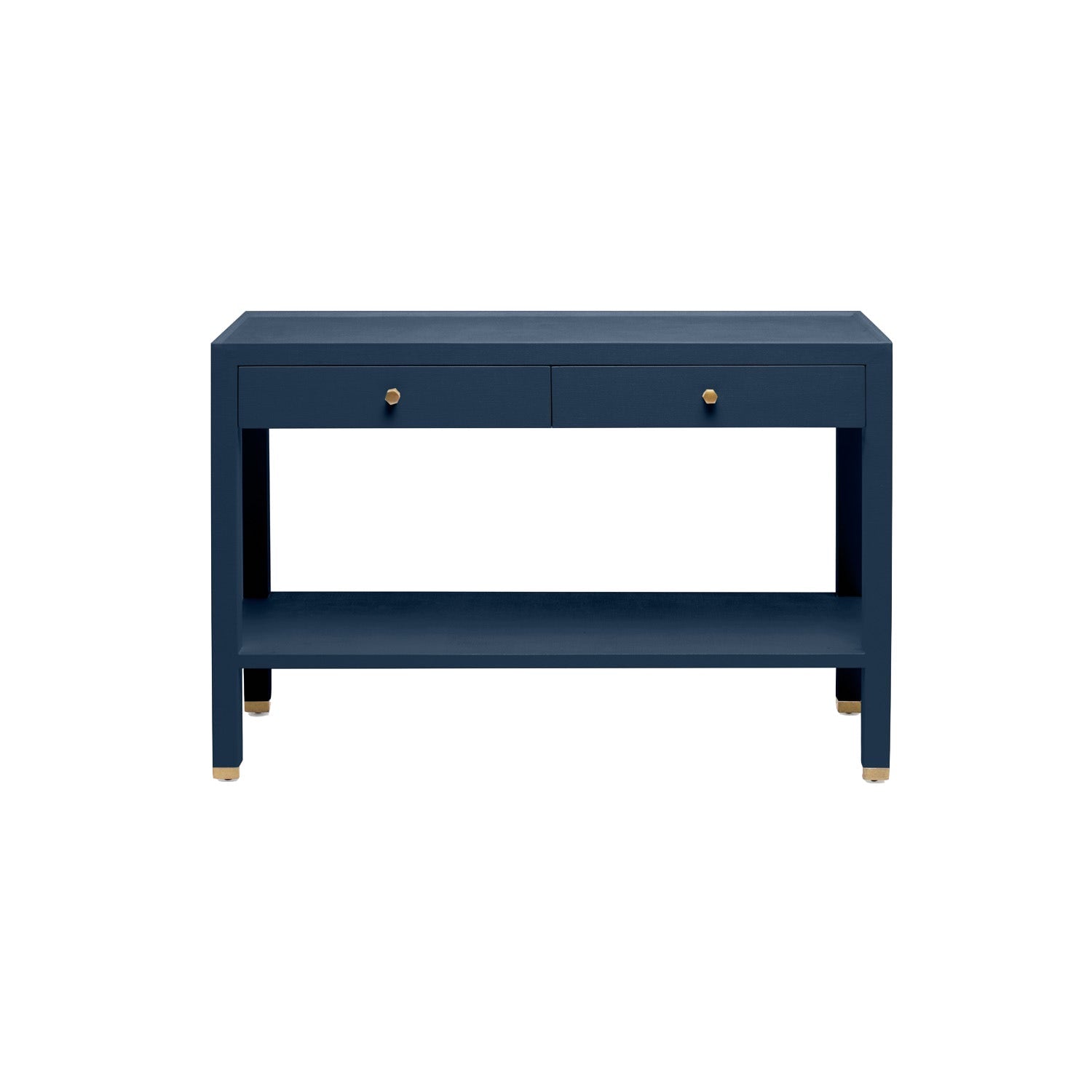 The Made Goods Jarin Console Collection features a blue rectangular table with two drawers, gold knobs and feet, a lower shelf, and a faux Belgian linen textured finish for subtle elegance against a white backdrop.