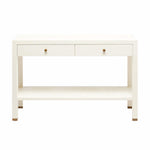 The Made Goods Jarin Console Collection features a white rectangular table with a simple design, two drawers with round knobs, an open lower shelf, and a faux Belgian linen textured finish.