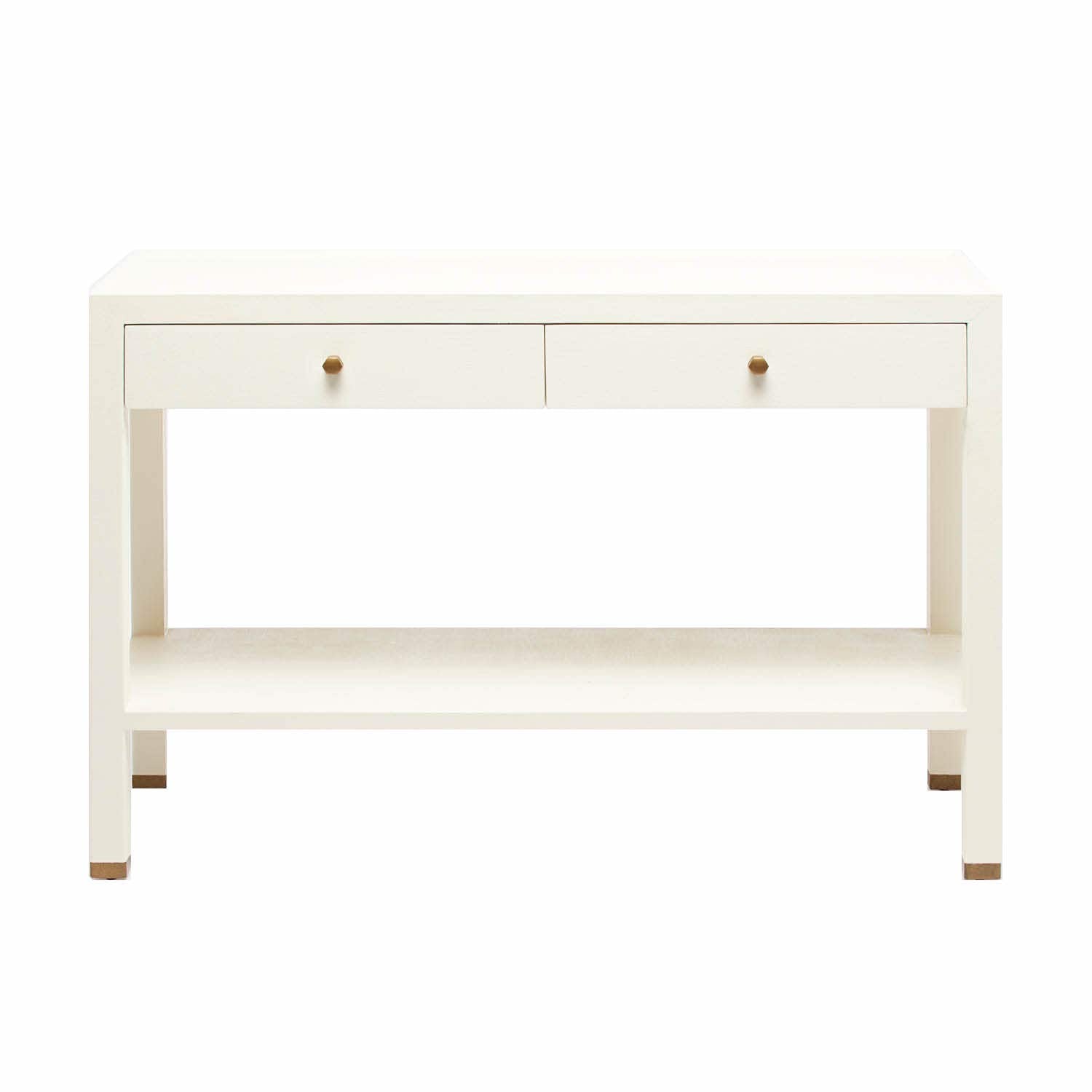 The Made Goods Jarin Console Collection features a white rectangular table with a simple design, two drawers with round knobs, an open lower shelf, and a faux Belgian linen textured finish.