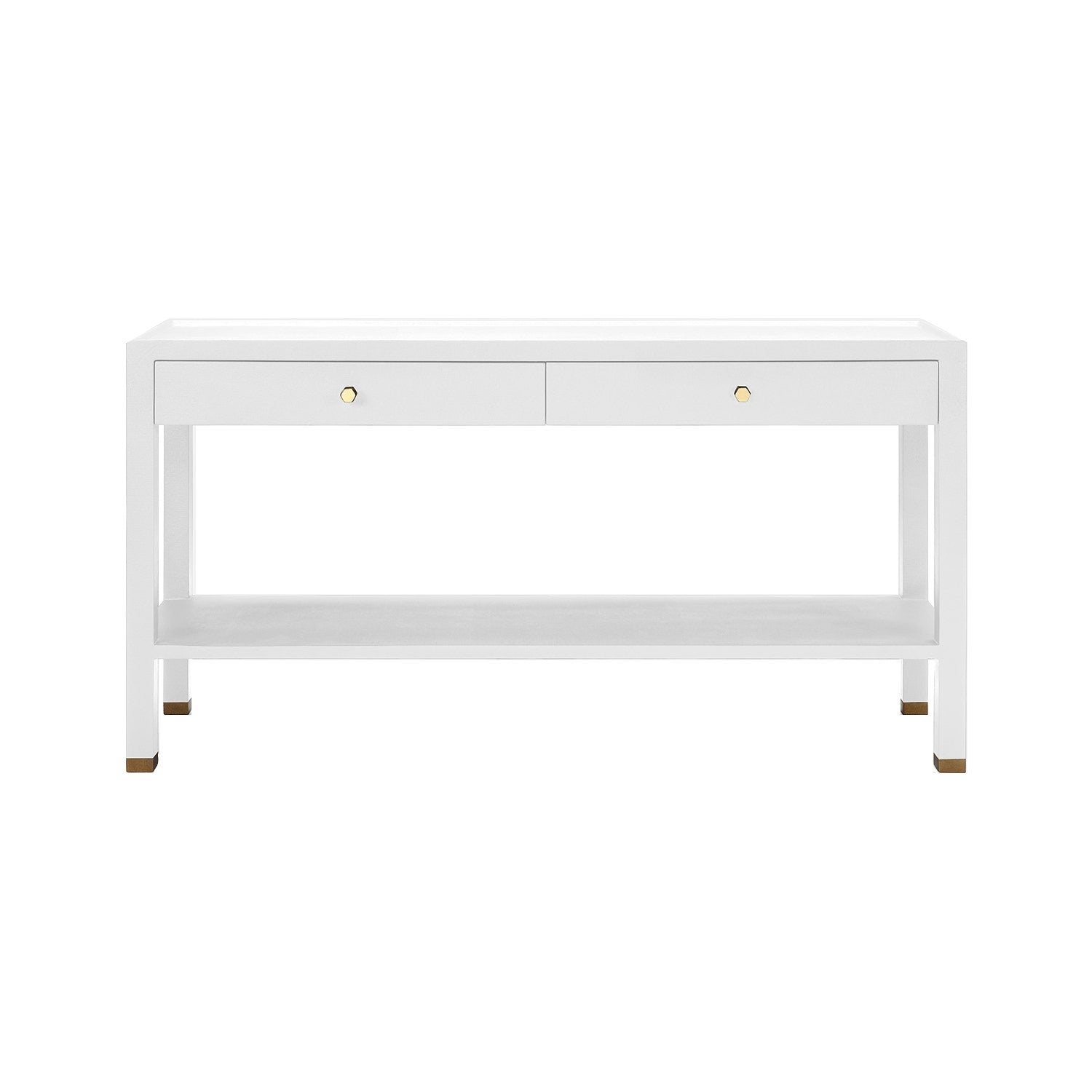 The Made Goods Jarin Console Collection features a white rectangular console table with a faux Belgian linen finish, two drawers, a lower shelf, and gold-accented knobs and feet.