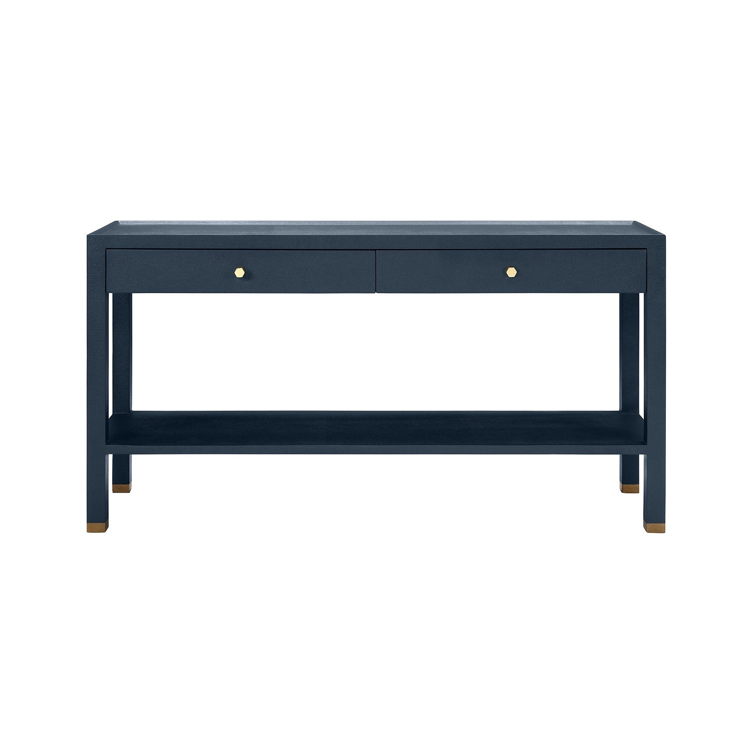 The Jarin Console Collection by Made Goods features a sleek, dark blue rectangular table with two drawers, gold knobs, a lower shelf, and gold-capped legs—all in a textured finish—shown against a white background.