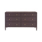 The Jarin Dresser Collection by Made Goods features a dark brown wooden dresser with eight drawers, each adorned with a round gold knob and crafted with quality detail, set on short legs.